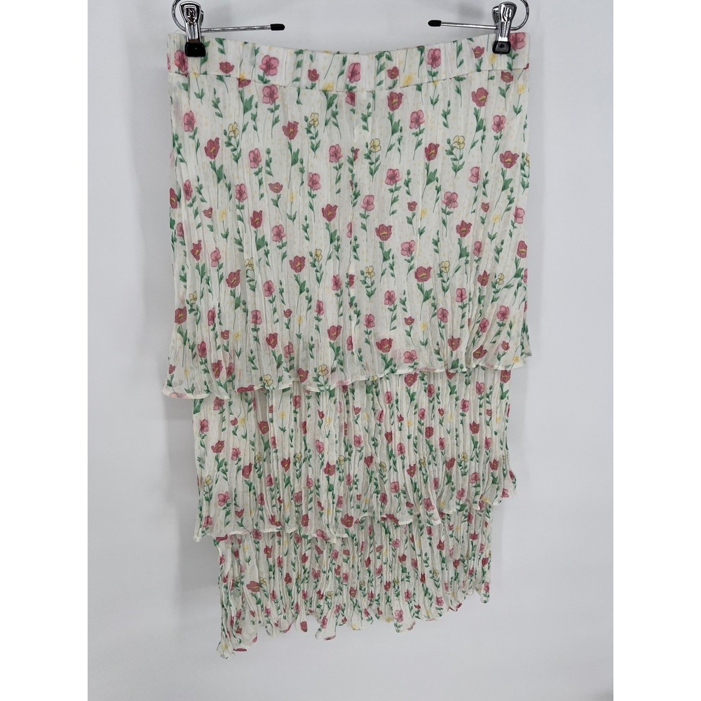 UMGEE Floral Tiered Maxi Skirt Women L White Pink Pleated Lined Chiffon Cottage - Picture 3 of 8